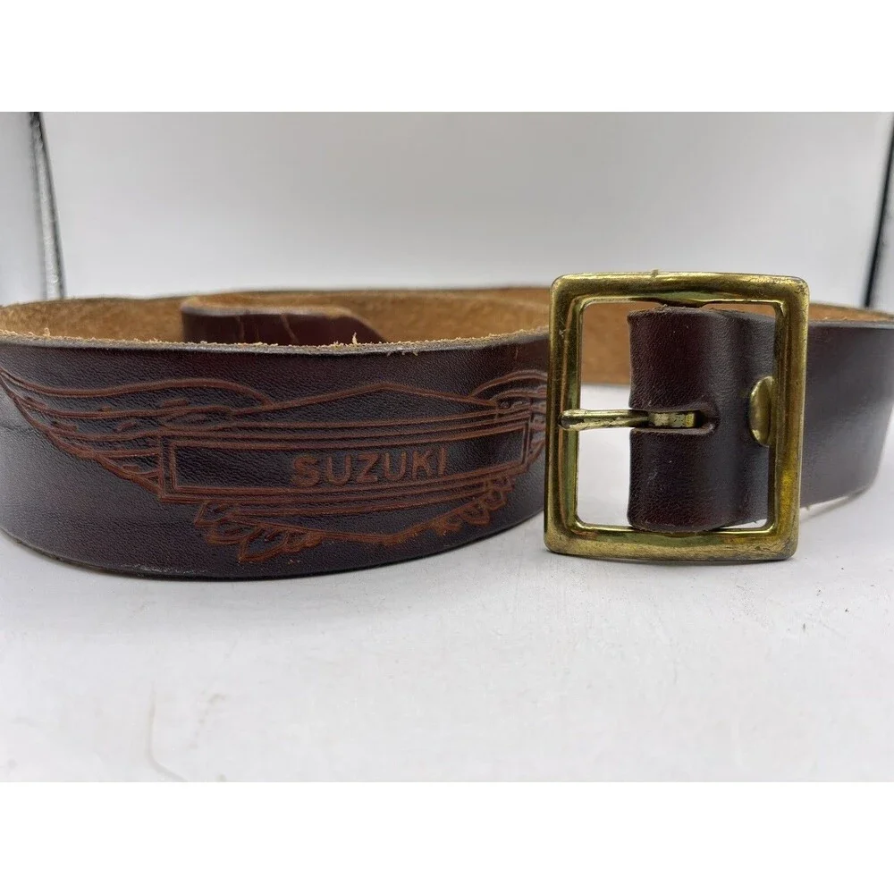 Vintage Suzuki Brand Emblem Leather Belt Engraved Car Motorcycle Bike +